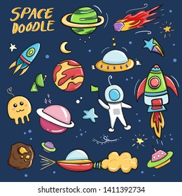 Galaxy space doodle cartoon drawing collection set of rocket and space ship.