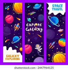 Galaxy space exploration vector banners. Cute kid astronaut and alien cartoon characters with rockets, UFO and starship exploring alien space galaxy planets and stars, fantasy universe travel flyers