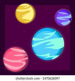 Galaxy space four planets of the solar system, the stars light the universe cartoon vector illustration