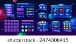 Galaxy space game interface, button and panel, loading bars asset. Vector menu, play, shop, options and exit buttons, progress bars, stars, hearts, coins. Ui elements on starry background with planets