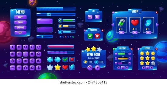 Galaxy space game interface, button and panel, loading bars asset. Vector menu, play, shop, options and exit buttons, progress bars, stars, hearts, coins. Ui elements on starry background with planets