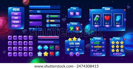 Galaxy space game interface, button and panel, loading bars asset. Vector menu, play, shop, options and exit buttons, progress bars, stars, hearts, coins. Ui elements on starry background with planets