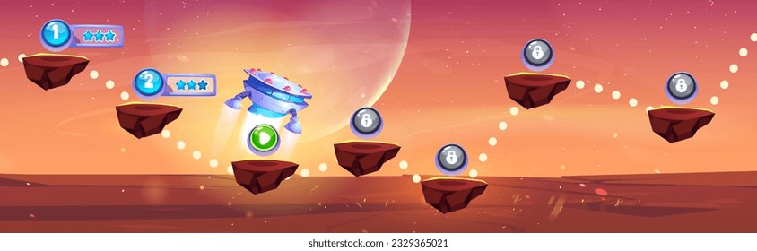 Galaxy space game level map on mars planet vector background. Flying platform on martian desert cartoon illustration with fantasy spaceship and childish computer adventure videogame screen gui.