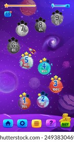 Galaxy space game map screen. Cartoon gui interface with menu, planets, stars, and a rocket ship in starry Universe. Video game or interactive application with levels marked with progress percentages