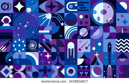 Galaxy space geometric abstract poster, vector pattern background with planets and rockets. Modern or retro mosaic pattern with geometric shape of astronaut, space stars, galaxy spaceship and asteroid