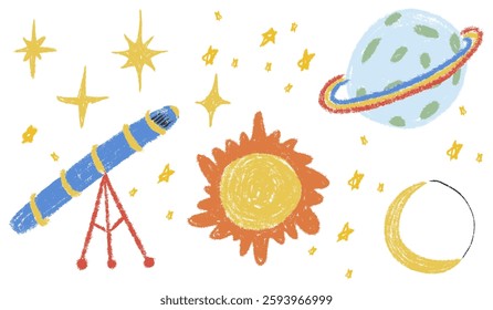 Galaxy space kids chalk drawings set. Collection freehand child baby hand drawn scribble elements. Textured cute planet, stars, moon, sun, telescope. Colourful vector illustration isolated