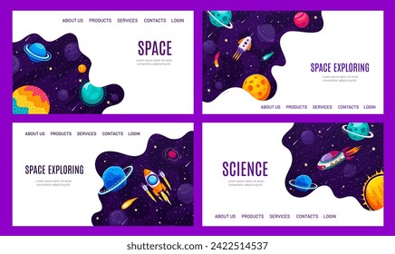 Galaxy space landing pages. Cartoon rocket, spaceship and starship, starry sky and space planets website backgrounds set. Vector templates of astronomy science and galaxy exploration landing page