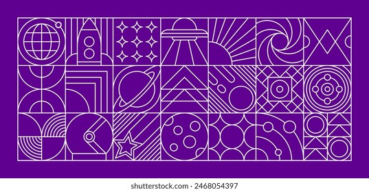 Modelo geométrico moderno del espacio de la galaxia. Cuadrícula lineal de Vector o mosaico con iconos o bloques de temática cósmica como planetas, estrellas y cohetes, platillo o galaxia ovni, Luna y saturno sobre fondo púrpura