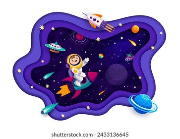 Galaxy space paper cut banner with kid astronaut on rocket, UFO and planets landscape, cartoon vector. Kid spaceman on spaceship on galactic travel to stars, outer space and starry sky with asteroids