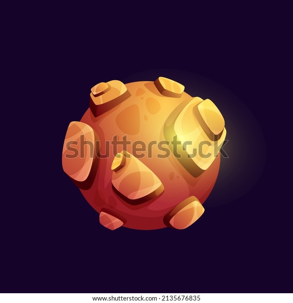 Galaxy space planet
with volcano, mountains. Game UI fantasy planet icon with golden or
shiny metal surface, stones and cliffs. Alien galaxy inhabitable
world or moon satellite