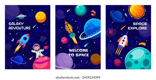 Galaxy space posters with kid astronaut, rocket spaceship and planets, cartoon vector. Kid spaceman with flag on galaxy planet with alien UFO, asteroids and rockets in starry galactic sky background