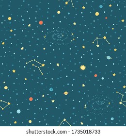 Galaxy space seamless pattern with planets, stars and constellations. A childish vector illustration of hand-drawn cartoon objects in a simple Scandinavian style. Colorful isolated on a dark 