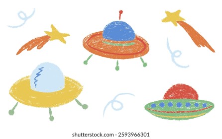 Galaxy space ship kids chalk drawings set. Collection freehand child baby hand drawn scribble elements. Textured cute stars and alien UFO spaceship. Colourful vector illustration isolated