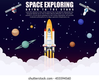 Galáxia lançamento de foguetes de nave espacial explorando e pesquisando com o conceito realista de satélite e planetas. Inicialização de negócios. Ilustração Galaxy Vector