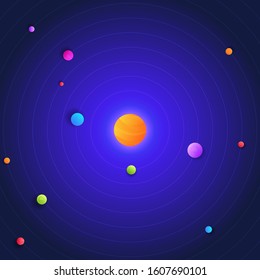 Galaxy, space, solar system with the sun and multi-colored abstract planets on a dark blue background stock vector illustration.