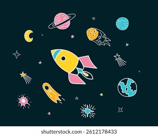 Galaxy space star icon with planet for kid pattern moon in hand line background drawn vector illustration rocket element spaceship sky sketch cute universe outline art astronaut solar earth ship child