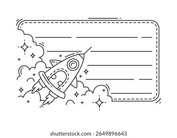 Galaxy space stars, planets and rockets kids memo note frame sticker for children activities. Vector black and white linear bullet journal writing template featuring shuttle launching through clouds