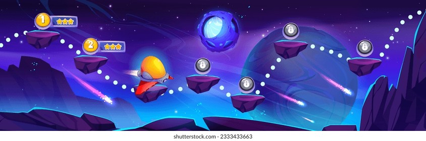 Galaxy space vector map level game ui background. Fantasy alien spaceship flying on asteroid platform road extraterrestrial concept for childish arcade videogame. Futuristic score interface asset