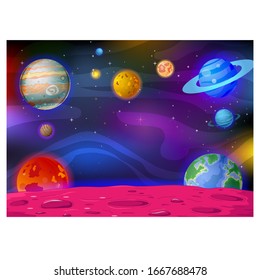 Galaxy Space View With Planets and Stars in Background Cartoon