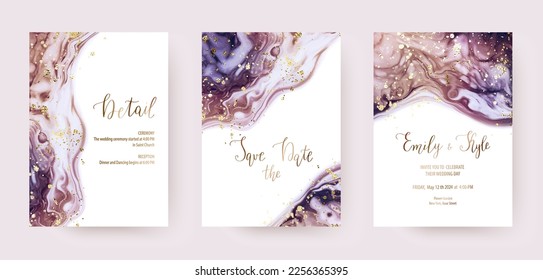 Galaxy space wedding invitation templates with gold border confetti and alcohol ink texture.