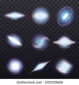 Galaxy spiral realistic set with geometrically shaped clusters of stars with universe specular highlights on transparent background vector illustration