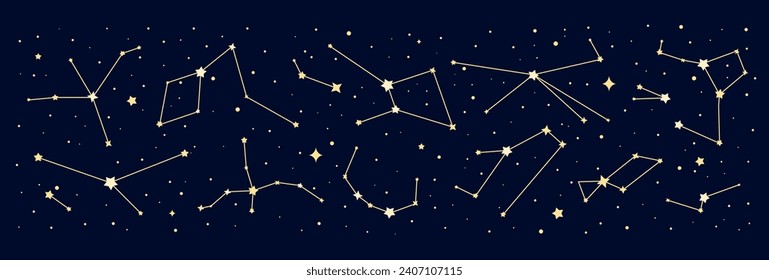 Galaxy star constellation border with zodiac signs in night sky map, vector background. Mystic astrology, astrological horoscope, esoteric and space planetary astronomy border with stars constellation