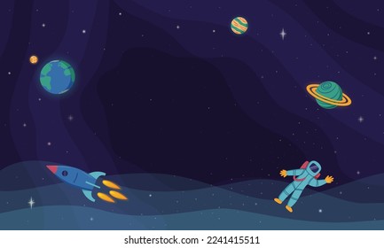 Galaxy star space. Kids blank banner. Rocket and planets. Child astronaut in universe. Starry sky infinity. Moon and Earth. Science explore adventures. Vector cartoon utter background