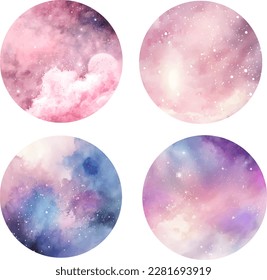 Galaxy starry night sky watercolor illustrations. Beautiful magical purple night background with clouds.