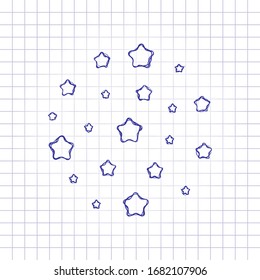 Galaxy with stars, night sky. Hand drawn picture on paper sheet. Blue ink, outline sketch style. Doodle on checkered background