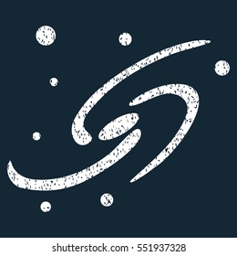 Galaxy System grainy textured icon for overlay watermark stamps. Flat symbol with scratched texture. Dotted vector white ink rubber seal stamp with grunge design on a dark blue background.