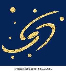 Galaxy System grainy textured icon for overlay watermark stamps. Flat symbol with dust texture. Dotted vector yellow ink rubber seal stamp with grunge design on a blue background.