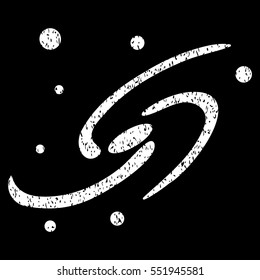 Galaxy System grainy textured icon for overlay watermark stamps. Flat symbol with scratched texture. Dotted vector white ink rubber seal stamp with grunge design on a black background.