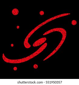 Galaxy System grainy textured icon for overlay watermark stamps. Flat symbol with scratched texture. Dotted vector red ink rubber seal stamp with grunge design on a black background.