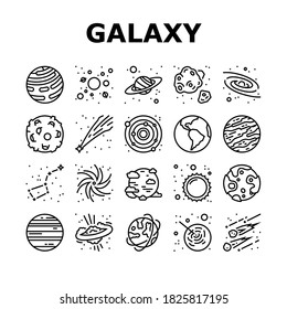 Galaxy System Space Collection Symbole Set Vektorgrafik. Illustrationen zum Thema Milchstraßengalaxie und Sonne, Stern und Sternbild, Mond und Erde