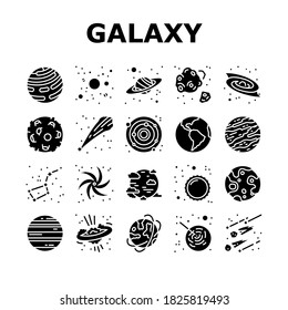 Galaxy System Space Collection Icons Set Vector. Milky Way Galaxy Planet And Sun, Falling Star And Constellation, Moon And Earth Concept Linear Pictograms. Color Contour Illustrations