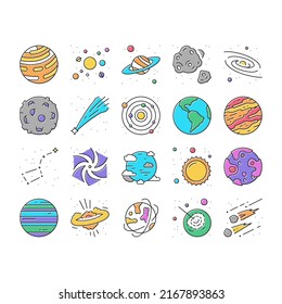 Galaxy System Space Collection Icons Set Vector. Milky Way Galaxy Planet And Sun, Falling Star And Constellation, Moon And Earth Concept Linear Pictograms. Color Contour Illustrations