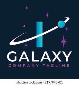 Galaxy Template On I Letter. Planet  Logo Design Concept