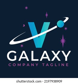 Galaxy Template On V Letter. Planet  Logo Design Concept