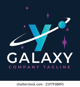 Galaxy Template On Y Letter. Planet  Logo Design Concept
