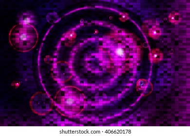 Galaxy theme. Bright background image with a square pixel grid, flares and flashes. Vector illustration. For use in printing, flyer design, wallpaper, presentations. Digital blue theme