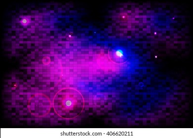 Galaxy theme. Bright background image with a square pixel grid, flares and flashes. Vector illustration. For use in printing, flyer design, wallpaper, presentations. Digital blue theme