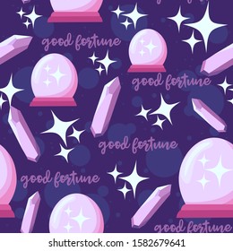 Galaxy themed seamless pattern with crystal ball telling, amethyst, stars and good fortune. Repetitive occult background with shades of pink and purple. Magic crystal and meditation.
