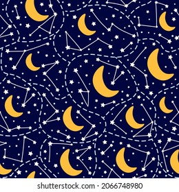 Galaxy themed seamless pattern with stars, moon and constellations in cartoon style on dark background for