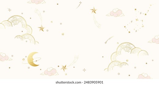 Galaxy themed wedding background vector. Beige and pink luxury card with moon, cloud, star, zodiac, cosmic, gold texture. Starry night cover design for banner, rsvp modern card, interior.