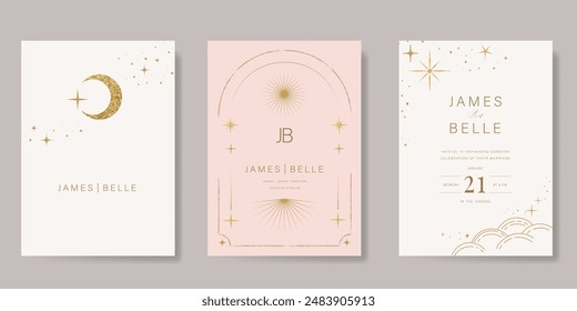 Vector de fondo de boda con temática de galaxia. Tarjeta de lujo beige y rosa con luna, nube, estrella, zodiaco, cósmico, textura dorada. Diseño de la cubierta de noche estrellada para el Anuncio, tarjeta moderna rsvp, interior.