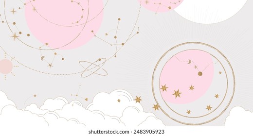 Galaxy themed wedding background vector. Beige and pink luxury card with moon, cloud, star, zodiac, cosmic, gold texture. Starry night cover design for banner, rsvp modern card, interior.