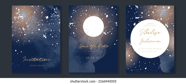 Plantilla de vector de invitación de boda con tema de galaxia. Colección de lujo ahorra la tarjeta de fecha con acuarela, luna, brillo dorado. Diseño de portada nocturna para fondo, saludo, folleto, volante.