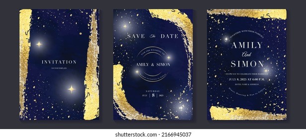 Galaxy themed wedding invitation vector template. Collection of luxury save the date card with watercolor, star, gold sparkle. Starry night cover design for background, greeting, brochure, flyer.