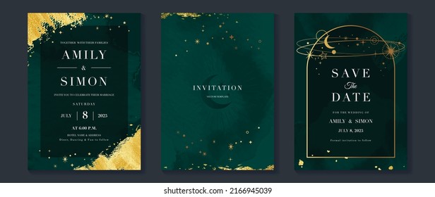 Galaxy Themed Wedding Invitation Vector Template. Collection Of Luxury Save The Date Card With Watercolor, Moon, Gold Sparkle. Starry Night Cover Design For Background, Greeting, Brochure, Flyer.