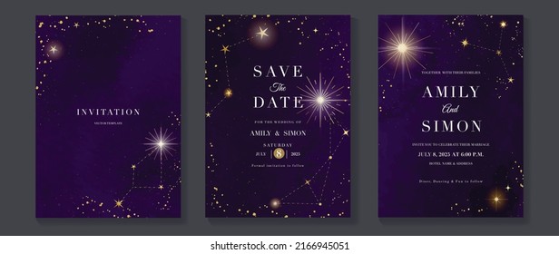 Galaxy themed wedding invitation vector template. Collection of luxury save the date card with watercolor, star, gold sparkle. Starry night cover design for background, greeting, brochure, flyer.